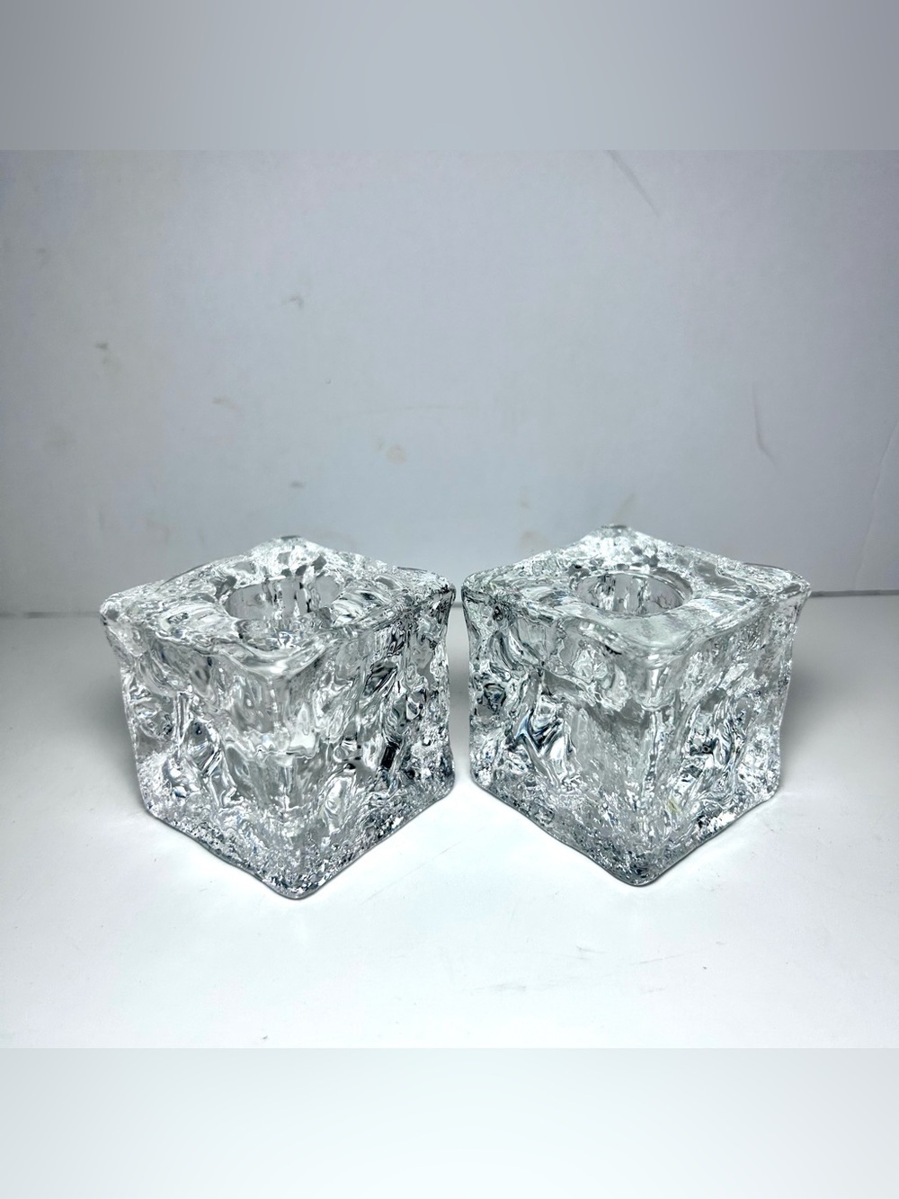 Vintage Glass Ice Cube Taper Candle Holders
